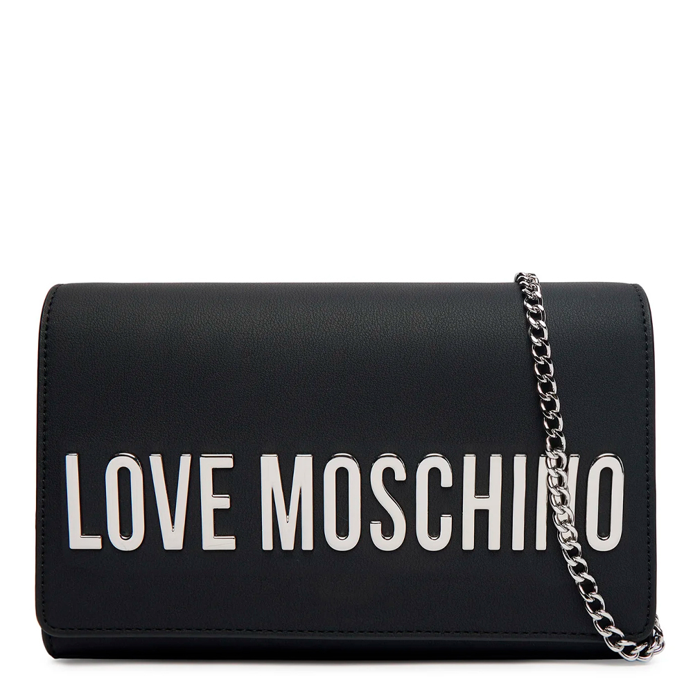 Borsa a tracolla Love Moschino con placca logo nero argento