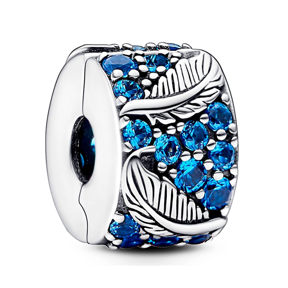 Pandora Silver/Blue Charms Curved Feather Charm In Pavé 792552C01