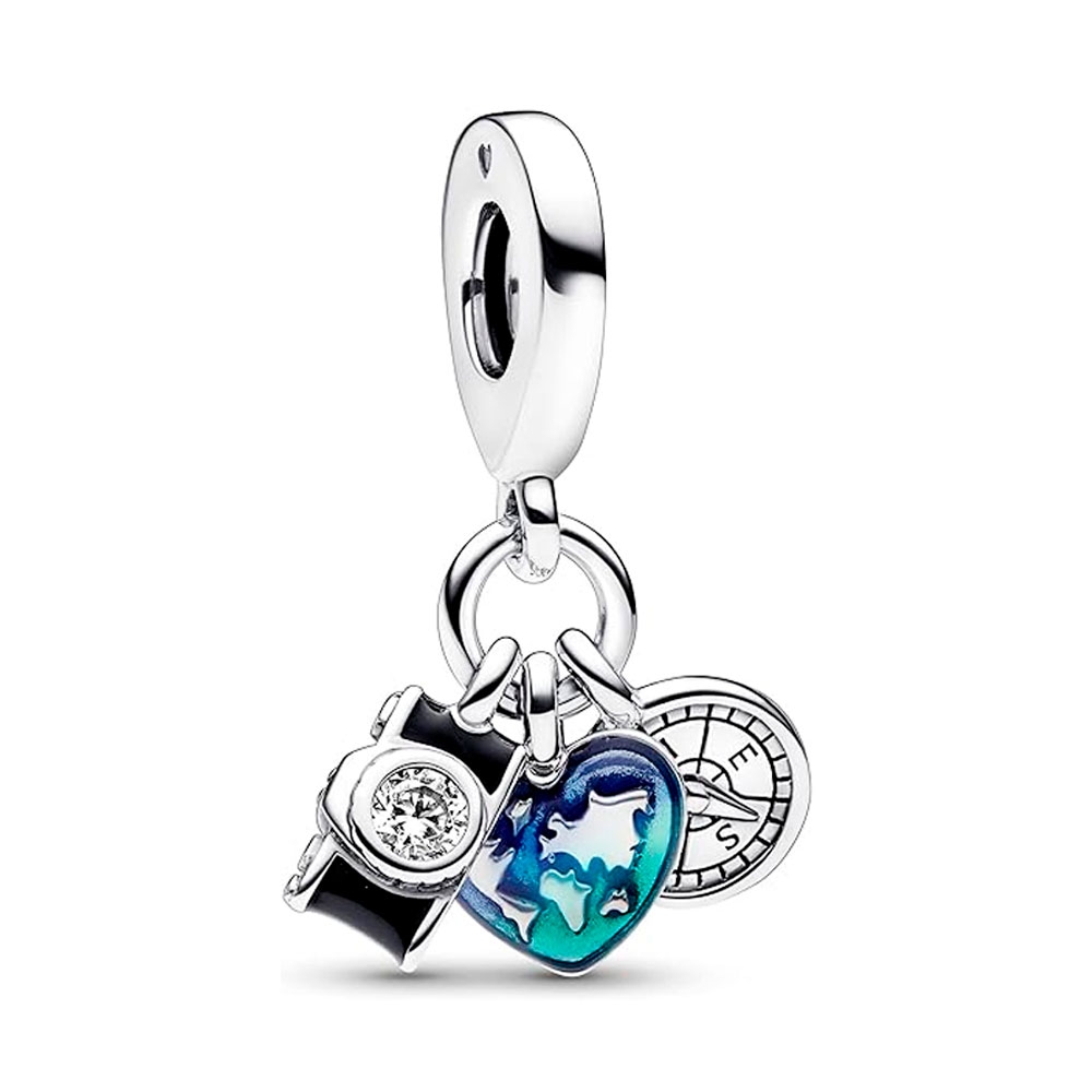 Pandora Silver Charms Sterling Triple Chamber, Heart And Compass Pendant Charm 792703C01