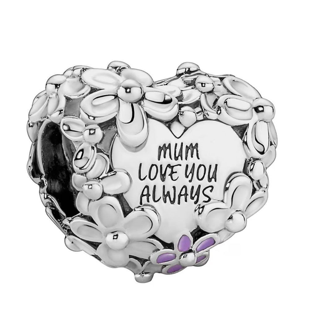 Pandora Silver/Pink/Purple Charms Daisy Heart Charm Mom 791155C01