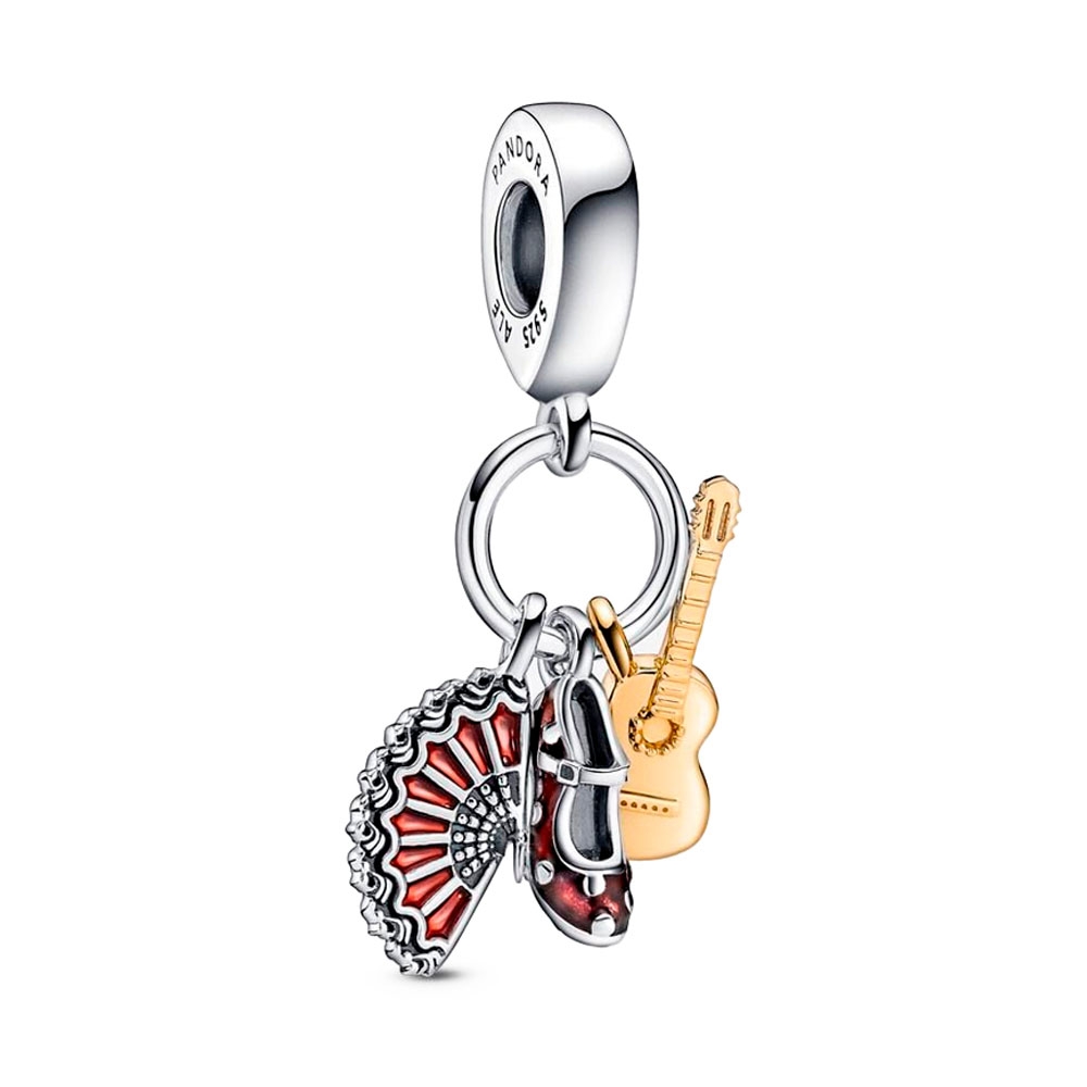Pandora Silver/Gold/Red Charms Spanish Guitar, Flamenco Shoe And Fan Pendant Charm 760765C01