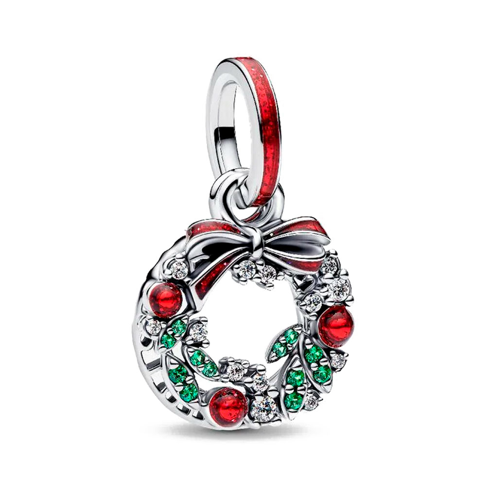 Pandora Silver/Green/Red Charms Double Christmas Wreath Pendant Charm 794238C01