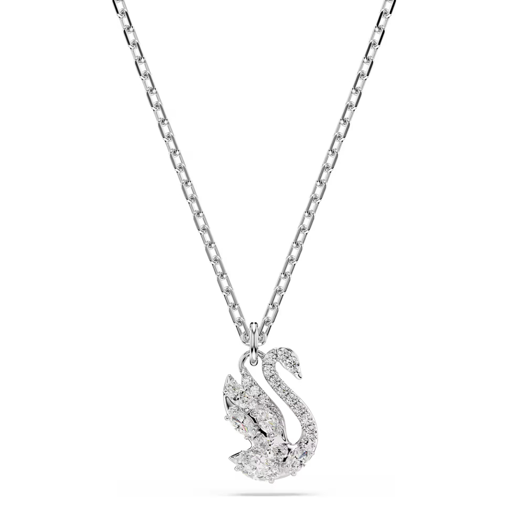 Swan pendant, Mixed cuts, Swan, White, Rhodium plated