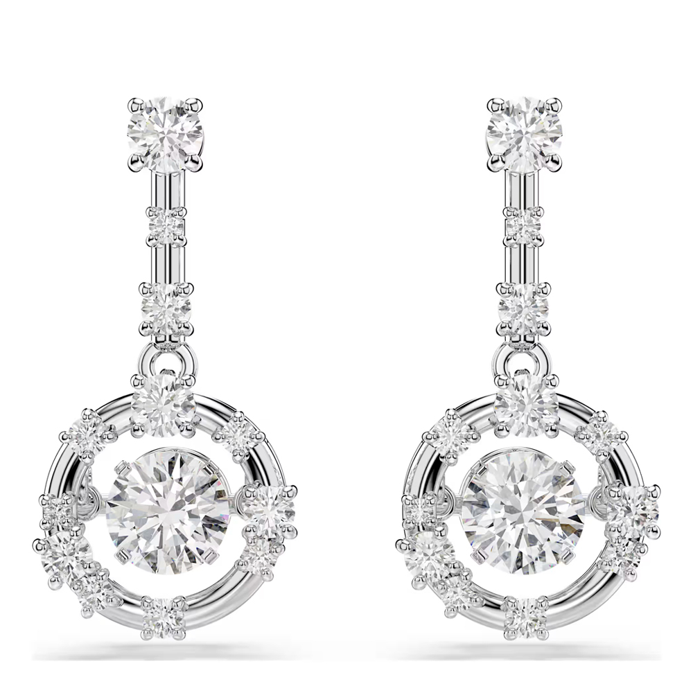Constella drop earrings, Round cut, Dancing stone, White, Rhodium plated
