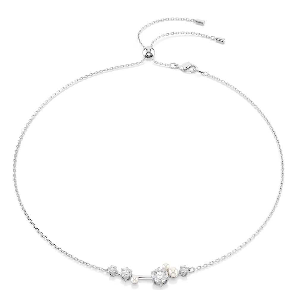 Constella necklace, Crystal pearl, Round cuts, White, Rhodium plated