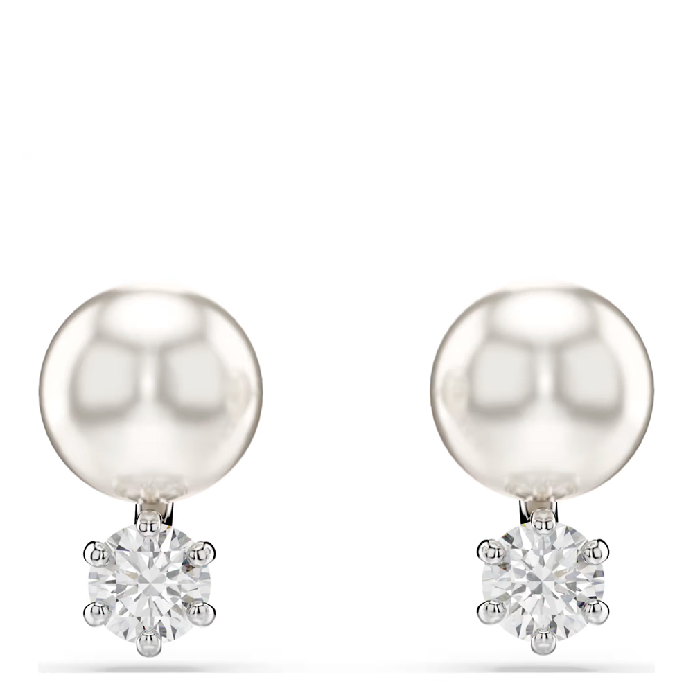 Matrix stud earrings, Crystal pearl, Round cut, White, Rhodium plated