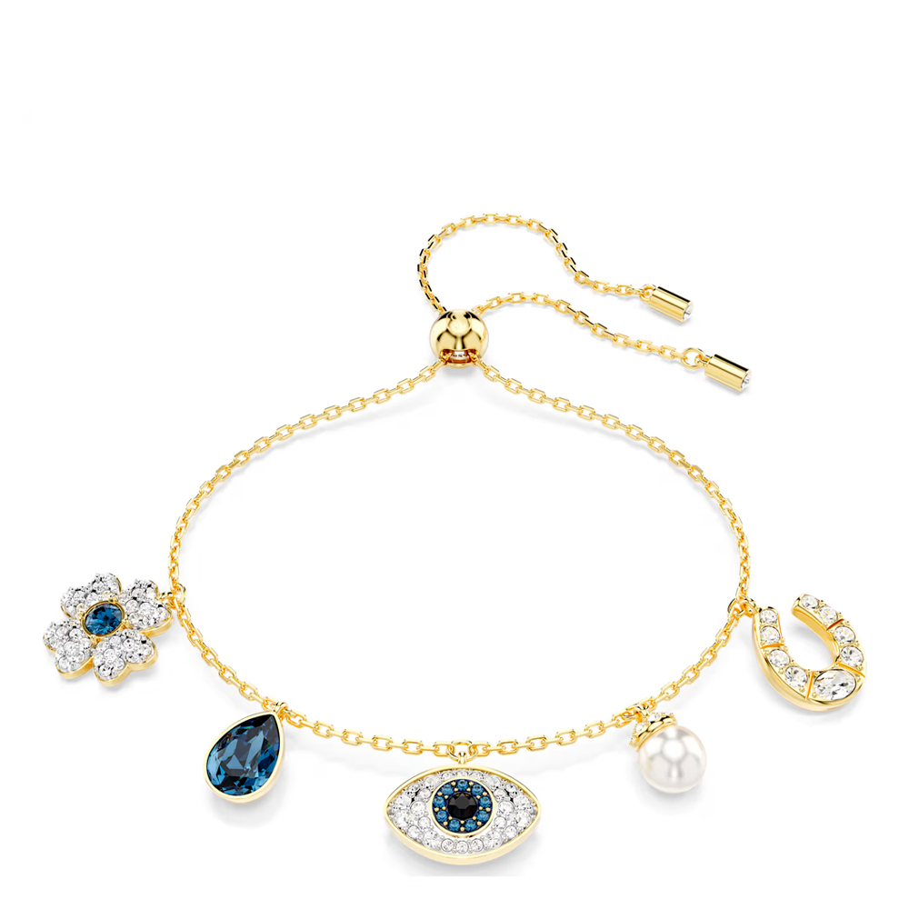 Symbolica bracelet, Crystal pearl, Clover, evil eye and horseshoe, Blue, 18K gold finish