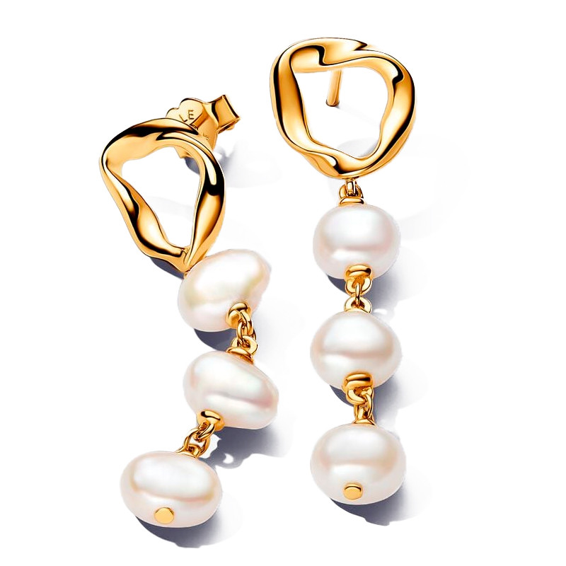 Pandora Gold Earrings Organic Circle Shape Dangle Earrings With Baroque Freshwater Cultured Pearls 263263C01