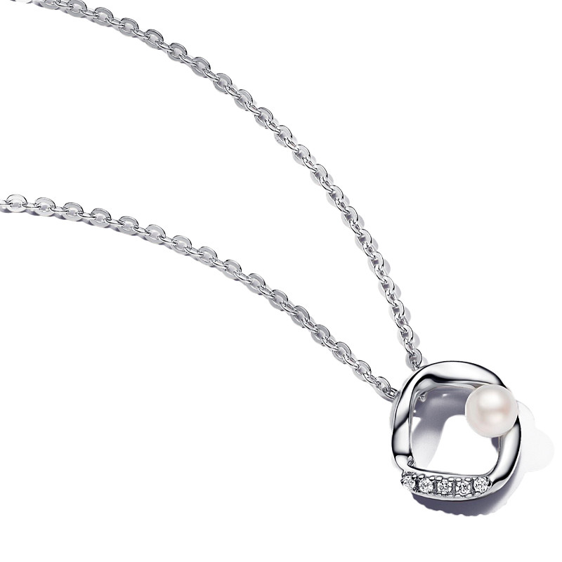 Pandora Silver Necklaces Organic Shape Circle Necklace In Pavé And Freshwater Cultured Pearl 393303C01